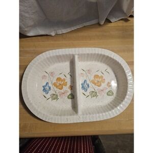 Vintage Treasure Craft Ovenware Divided Serving Dish Flowers USA 12"x8"
